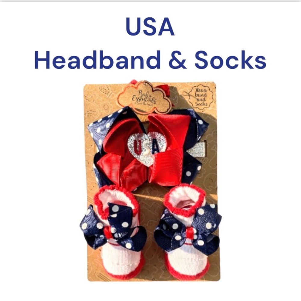 NWT 0-6 MONTHS Baby Essentials USA Patriotic Headband & Sock Set